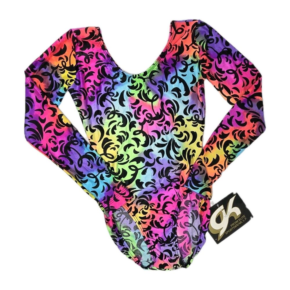 GK Elite VTG Gradient Tie Dye Neon Swirl LS Leotard Bodysuit Size AXS Adult XS
